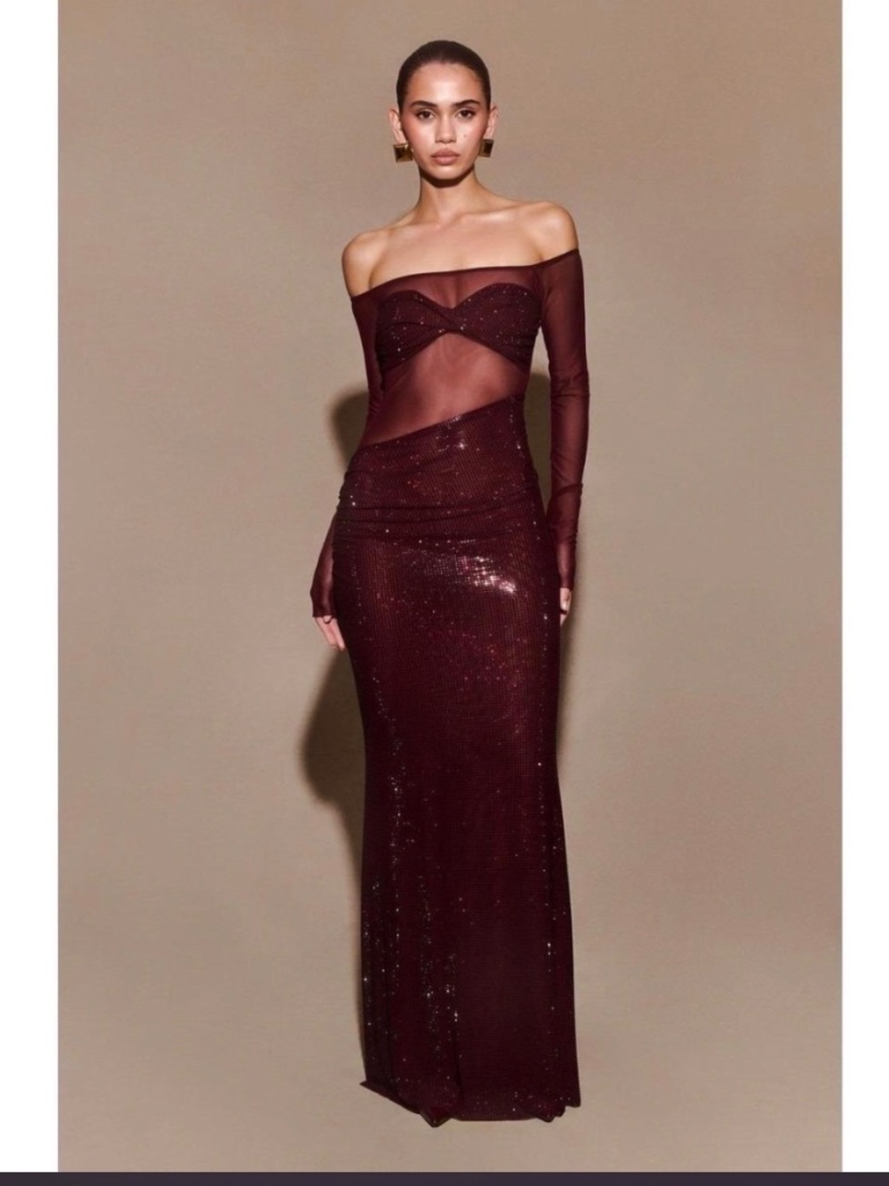 Mesh mi burgundy off shoulder dress